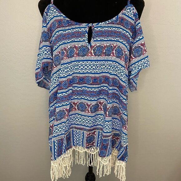 Kori America Women’s Blue Boho Cold Shoulder Top Size Medium - Picture 6 of 6